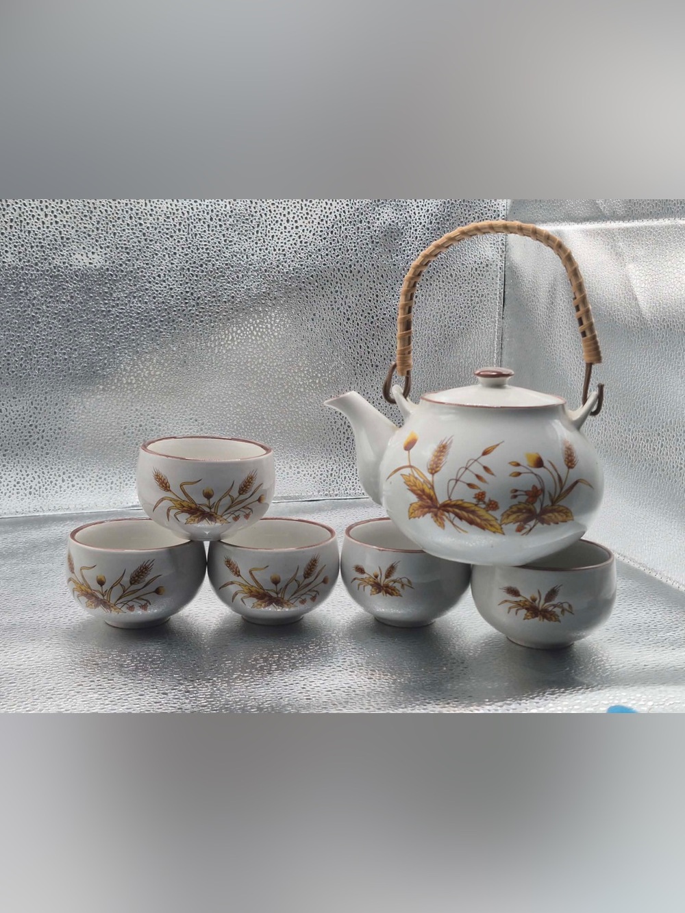 MCM Vintage Teapot & Cups Tea Set - Retro Cottagecore Wheat Motif on Stoneware